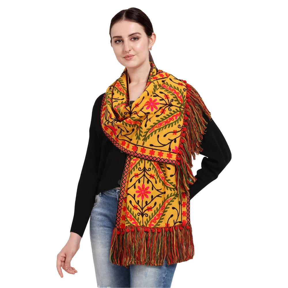 Amfyn Women's Cotton Embroidered Muffler (Mustard, Length: 0.5 to 1 Mtr)