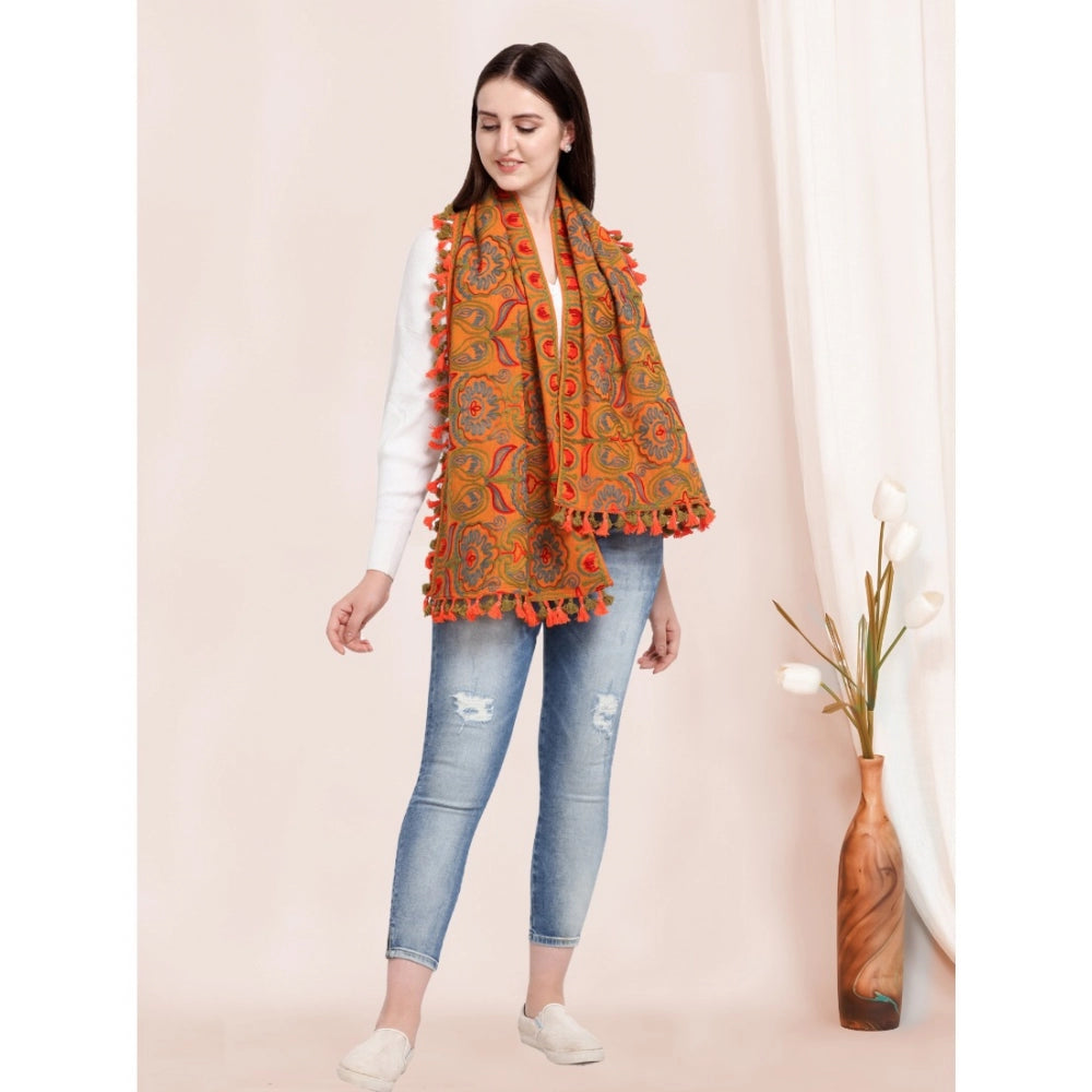 Amfyn Women's Cotton Embroidered Muffler (Orange, Length: 0.5 to 1 Mtr)