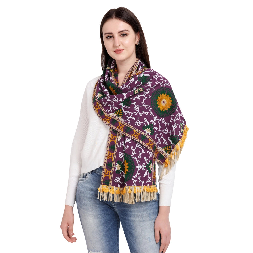 Amfyn Women's Cotton Embroidered Muffler (Purple, Length: 0.5 to 1 Mtr)