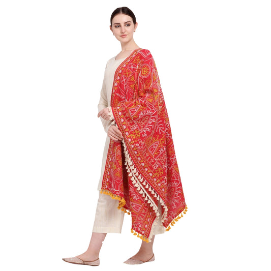 Amfyn Women's Cotton Embroidered Dupatta (Red, Length: 0.5 to 1 Mtr)