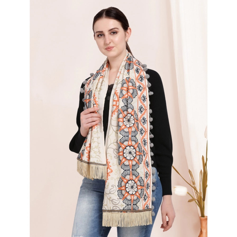 Amfyn Women's Cotton Embroidered Muffler (Off White, Length: 0.5 to 1 Mtr)