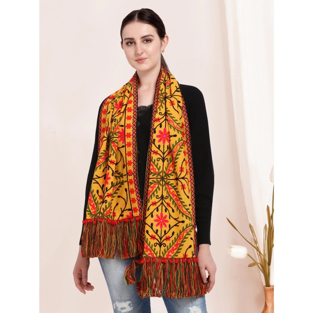 Amfyn Women's Cotton Embroidered Muffler (Mustard, Length: 0.5 to 1 Mtr)