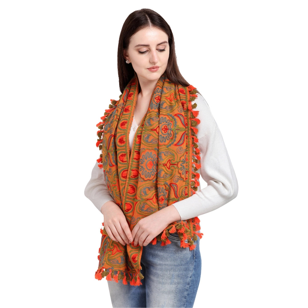 Amfyn Women's Cotton Embroidered Muffler (Orange, Length: 0.5 to 1 Mtr)