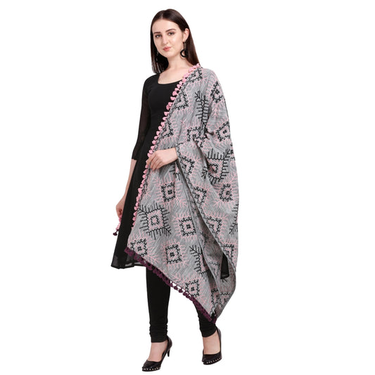 Amfyn Women's Cotton Embroidered Dupatta (Gray, Length: 0.5 to 1 Mtr)