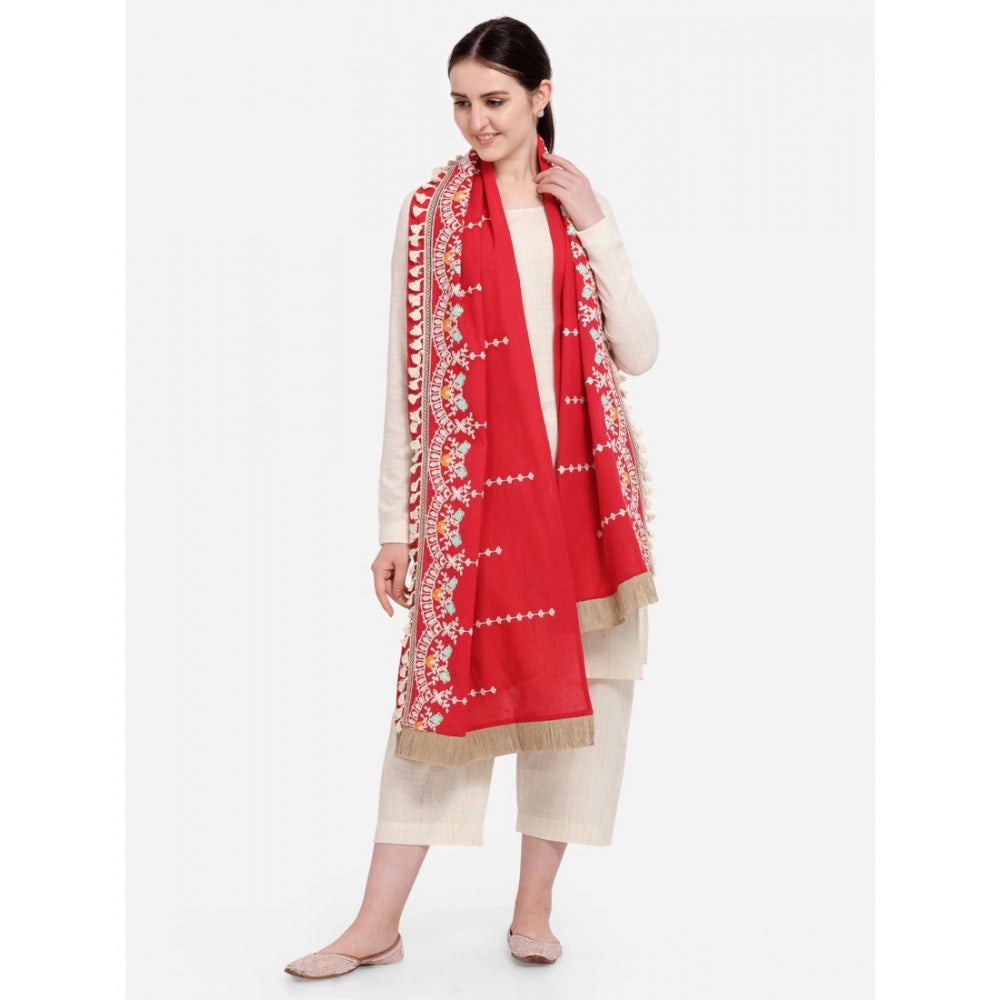 Amfyn Women's Cotton Embroidered Dupatta (Red, Length: 1.5 to 2 Mtr)