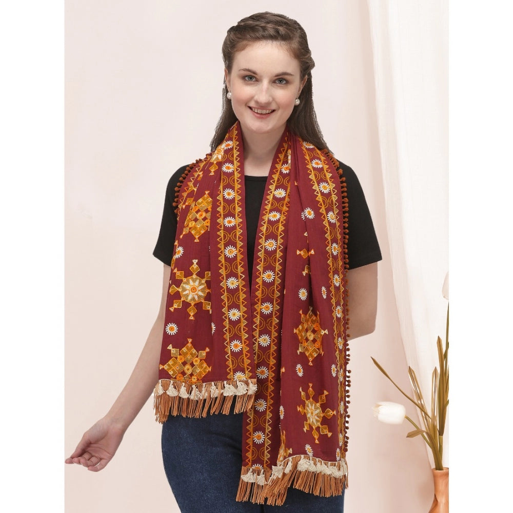 Amfyn Women's Cotton Embroidered Muffler (Maroon, Length: 0.5 to 1 Mtr)