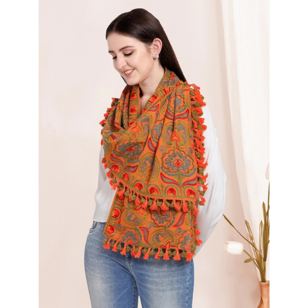 Amfyn Women's Cotton Embroidered Muffler (Orange, Length: 0.5 to 1 Mtr)