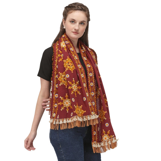 Amfyn Women's Cotton Embroidered Muffler (Maroon, Length: 0.5 to 1 Mtr)