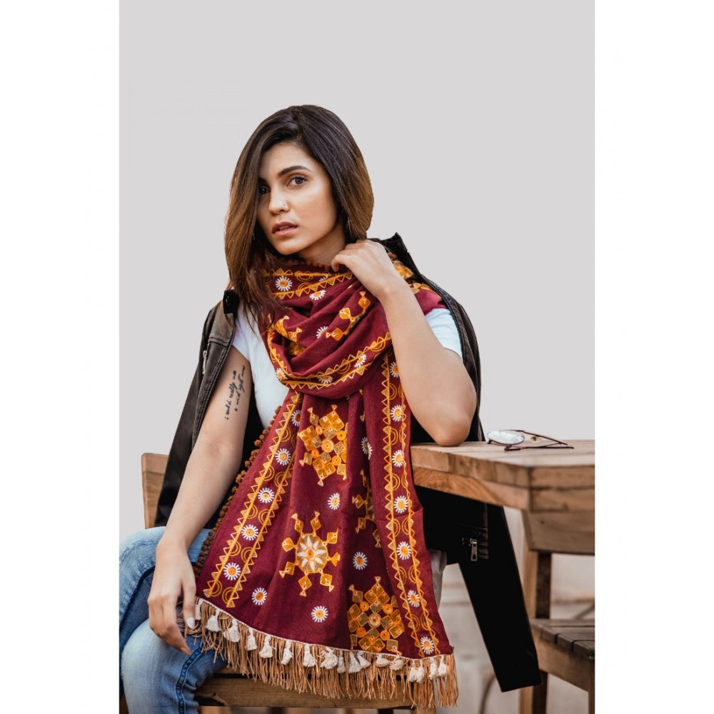 Amfyn Women's Cotton Embroidered Muffler (Maroon, Length: 0.5 to 1 Mtr)