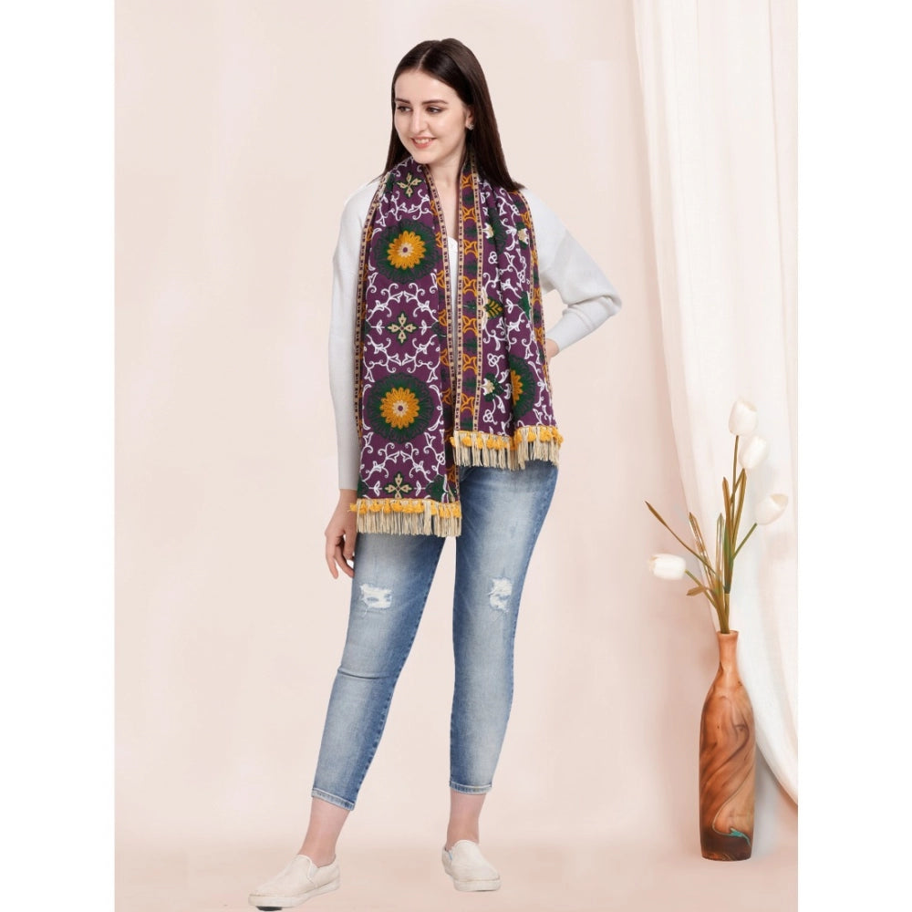 Amfyn Women's Cotton Embroidered Muffler (Purple, Length: 0.5 to 1 Mtr)