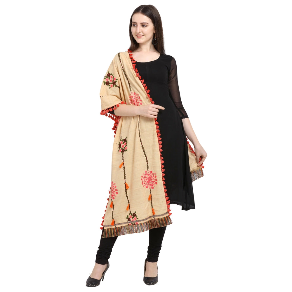 Amfyn Women's Cotton Embroidered Dupatta (Beige, Length: 1.5 to 2 Mtr)