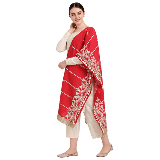 Amfyn Women's Cotton Embroidered Dupatta (Red, Length: 1.5 to 2 Mtr)