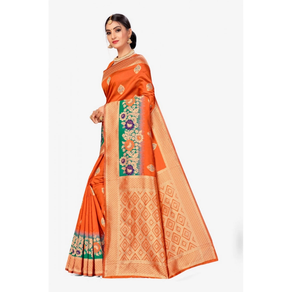 Amfyn Women's Banarasi Silk Designer Weaving Saree With Unstitched Blouse (Orange, 5.50 Mtrs)