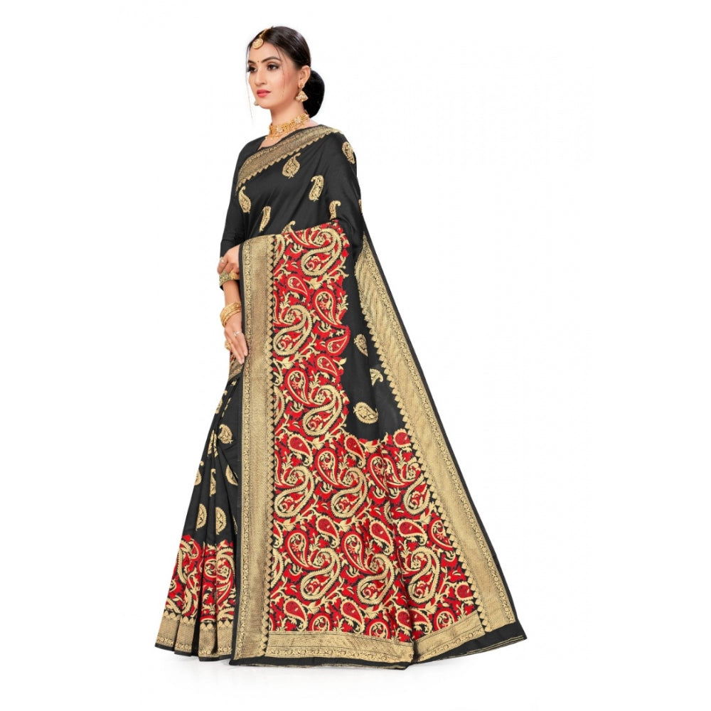 Amfyn Women's Banarasi Silk Designer Weaving Saree With Unstitched Blouse (Black, 5.50 Mtrs)