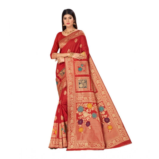 Amfyn Women's Banarasi Silk Designer Weaving Saree With Unstitched Blouse (Red, 5.50 Mtrs)