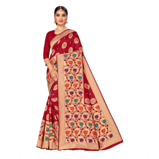 Amfyn Women's Banarasi Silk Designer Weaving Saree With Unstitched Blouse (Maroon, 5.50 Mtrs)