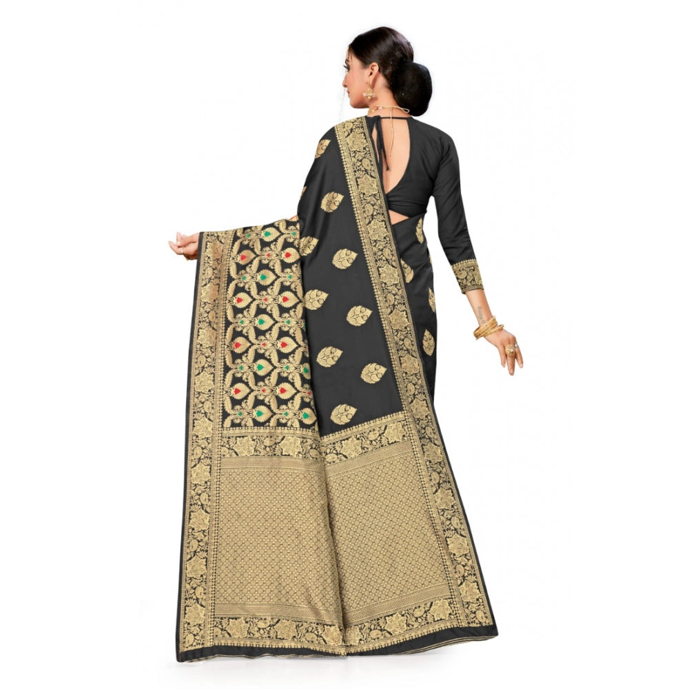 Amfyn Women's Banarasi Silk Designer Weaving Saree With Unstitched Blouse (Black, 5.50 Mtrs)