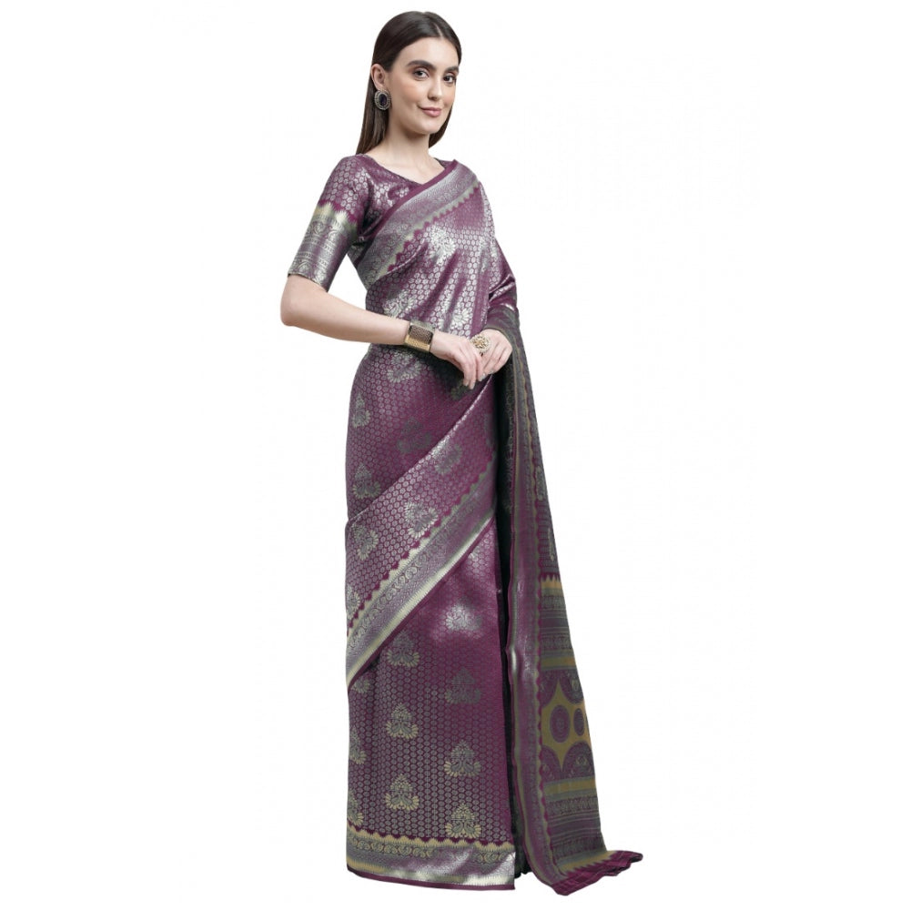 Amfyn Women's Banarasi Silk Designer Weaving Saree With Unstitched Blouse (Purple, 5.50 Mtrs)