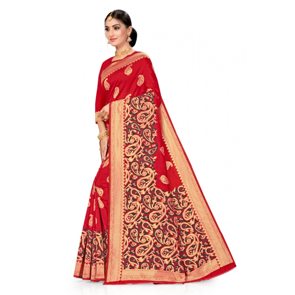 Amfyn Women's Banarasi Silk Designer Weaving Saree With Unstitched Blouse (Red, 5.50 Mtrs)