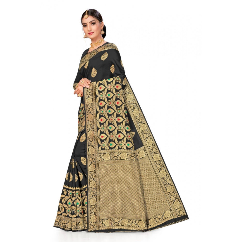 Amfyn Women's Banarasi Silk Designer Weaving Saree With Unstitched Blouse (Black, 5.50 Mtrs)