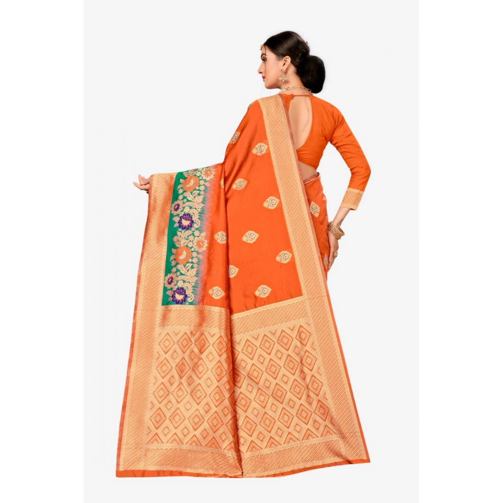 Amfyn Women's Banarasi Silk Designer Weaving Saree With Unstitched Blouse (Orange, 5.50 Mtrs)