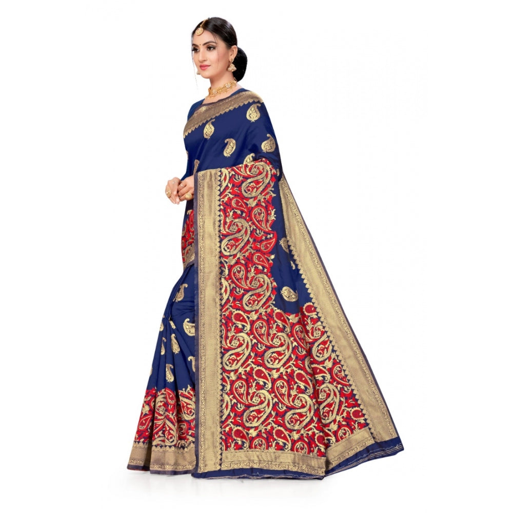 Amfyn Women's Banarasi Silk Designer Weaving Saree With Unstitched Blouse (Blue, 5.50 Mtrs)