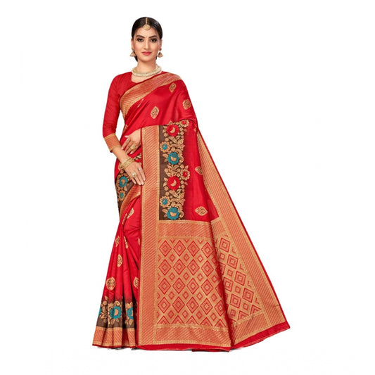 Amfyn Women's Banarasi Silk Designer Weaving Saree With Unstitched Blouse (Red, 5.50 Mtrs)