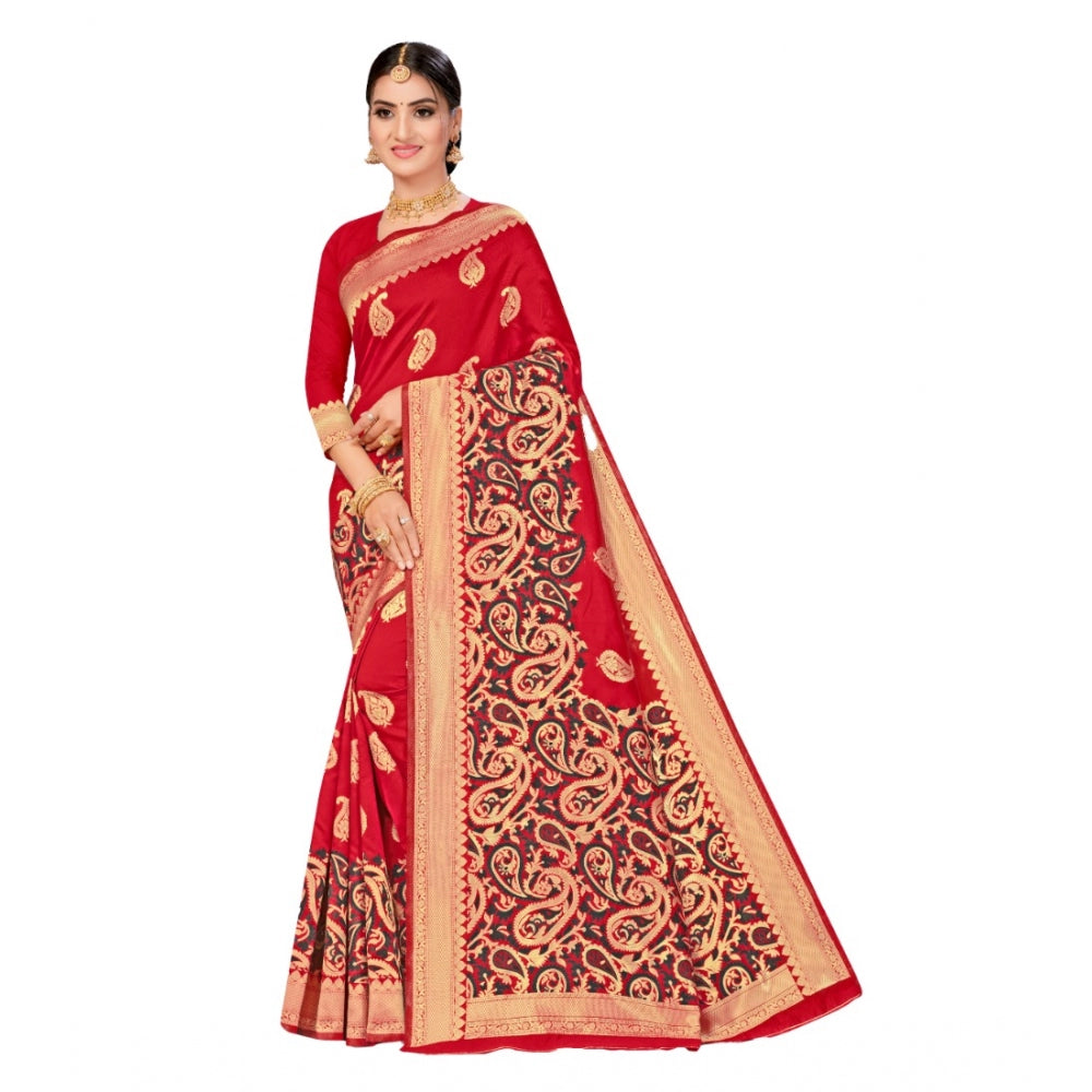 Amfyn Women's Banarasi Silk Designer Weaving Saree With Unstitched Blouse (Red, 5.50 Mtrs)