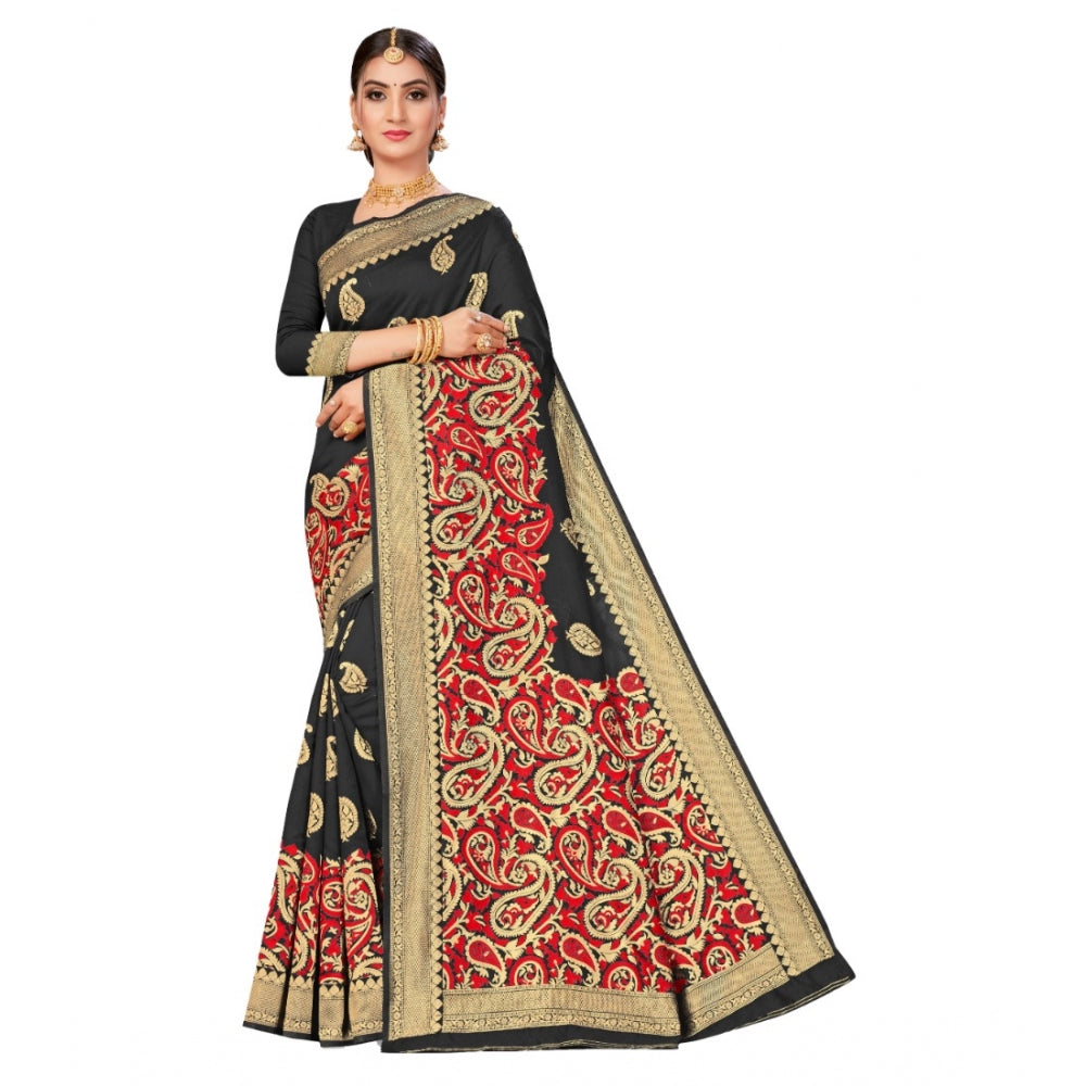 Amfyn Women's Banarasi Silk Designer Weaving Saree With Unstitched Blouse (Black, 5.50 Mtrs)