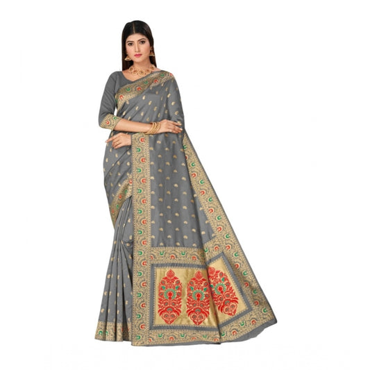 Amfyn Women's Banarasi Silk Designer Weaving Saree With Unstitched Blouse (Grey, 5.50 Mtrs)