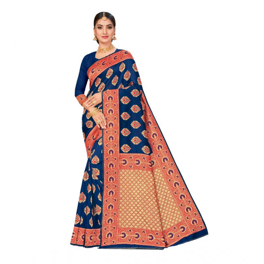 Amfyn Women's Banarasi Silk Designer Weaving Saree With Unstitched Blouse (Blue, 5.50 Mtrs)