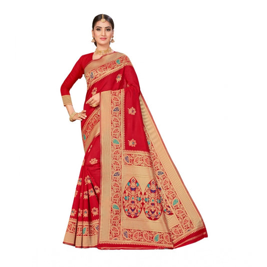 Amfyn Women's Banarasi Silk Designer Weaving Saree With Unstitched Blouse (Red, 5.50 Mtrs)