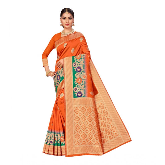 Amfyn Women's Banarasi Silk Designer Weaving Saree With Unstitched Blouse (Orange, 5.50 Mtrs)