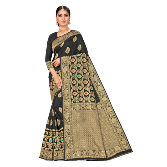 Amfyn Women's Banarasi Silk Designer Weaving Saree With Unstitched Blouse (Black, 5.50 Mtrs)