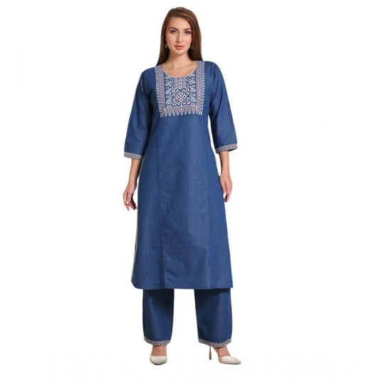 Fashion Women's Casual Denim Embroidery 3-4th sleeve Kurti Set (Blue)