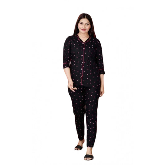 Amfyn Women's Casual Rayon 3-4th Sleeve Night Suit Set (Black)