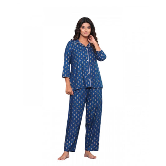 Amfyn Women's Casual Rayon 3-4th Sleeve Night Suit Set (Blue)