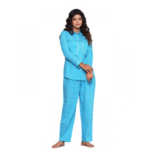 Fashion Women's Casual Rayon 3-4th Sleeve Night Suit Set (Blue)