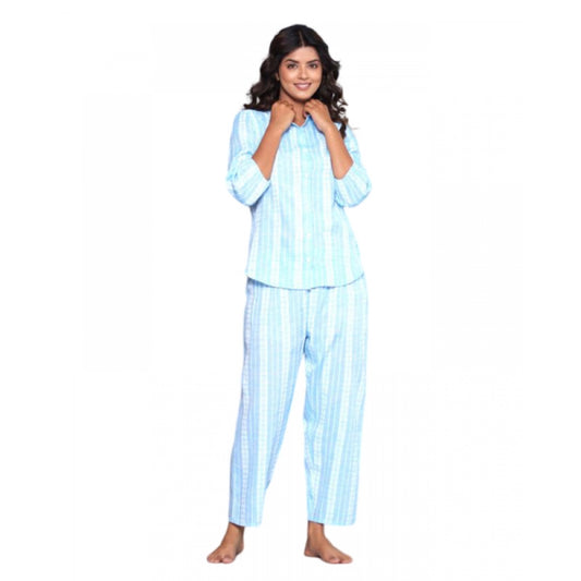 Amfyn Women's Casual Cotton 3-4th Sleeve Full Night Suit Set (Aqua)