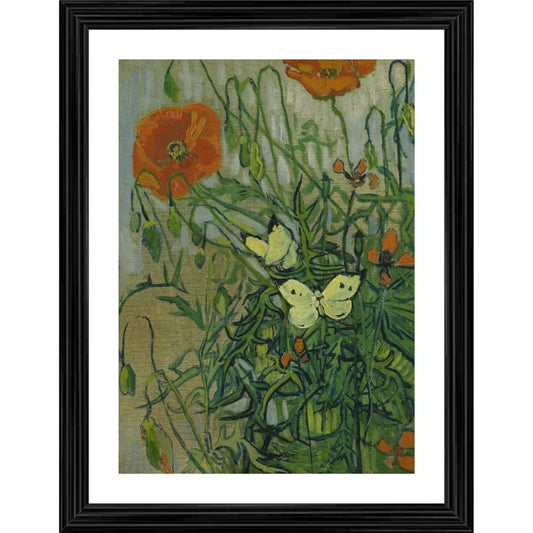 Amfyn Butterflies and Poppies 1889 Painting With Wood Photo Frame (Multicolor)