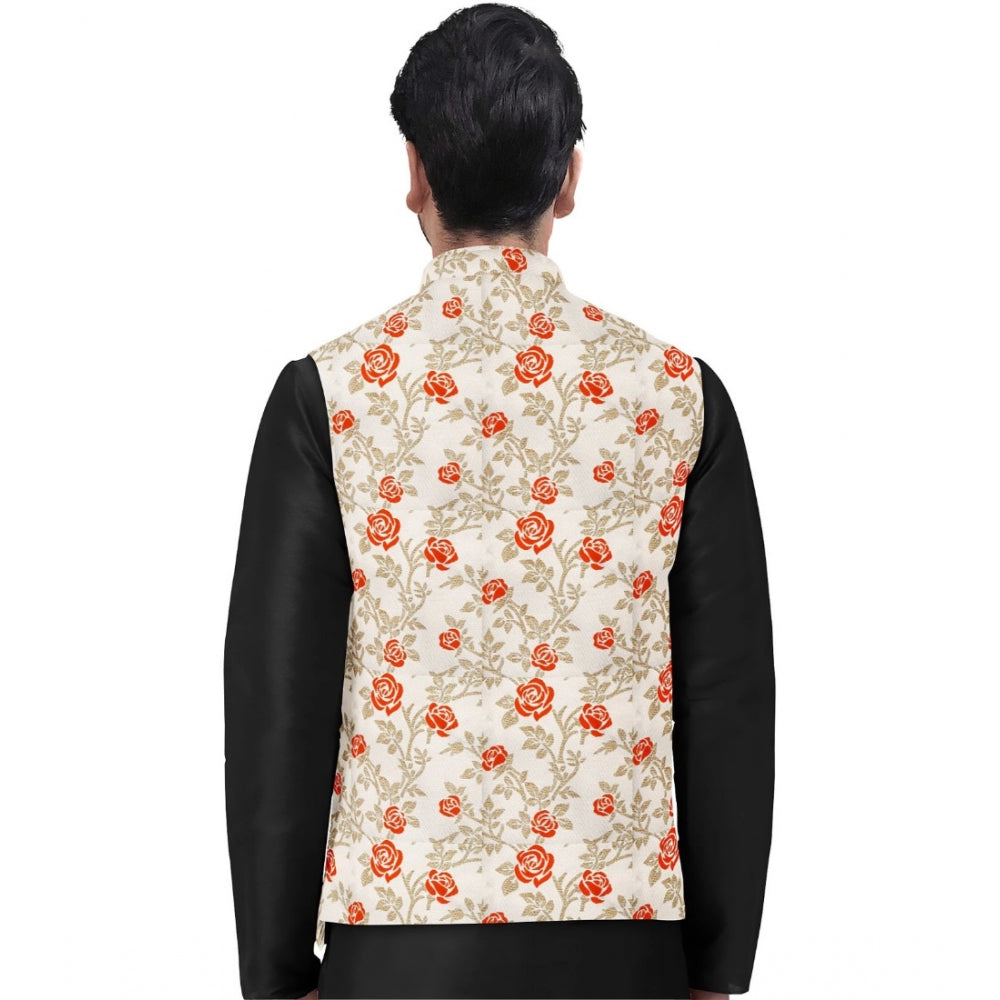 Amfyn Men's Jacquard Printed Full Sleeve Waistcoat (Orange-Beige)