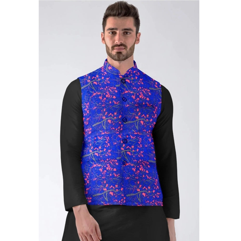 Amfyn Men's Jacquard Printed Full Sleeve Waistcoat (Blue)