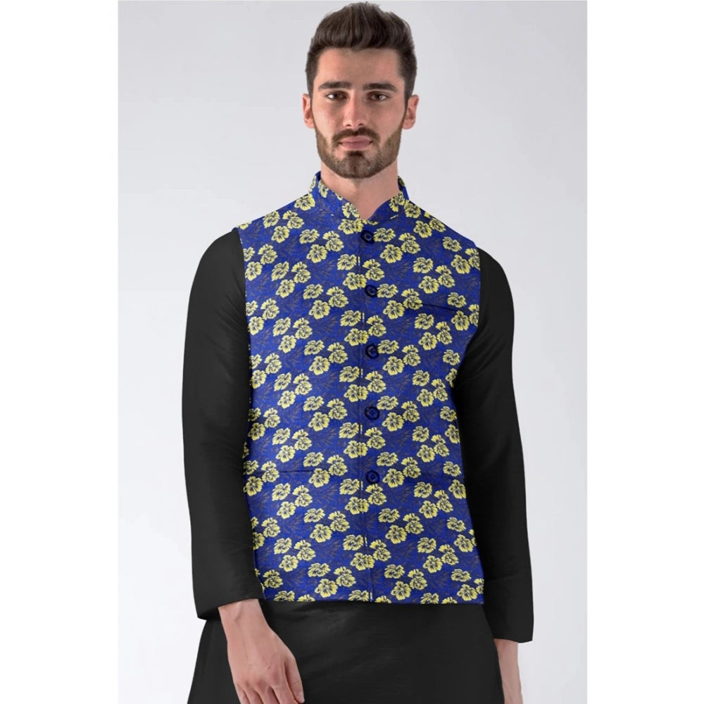 Amfyn Men's Jacquard Printed Full Sleeve Waistcoat (Blue)