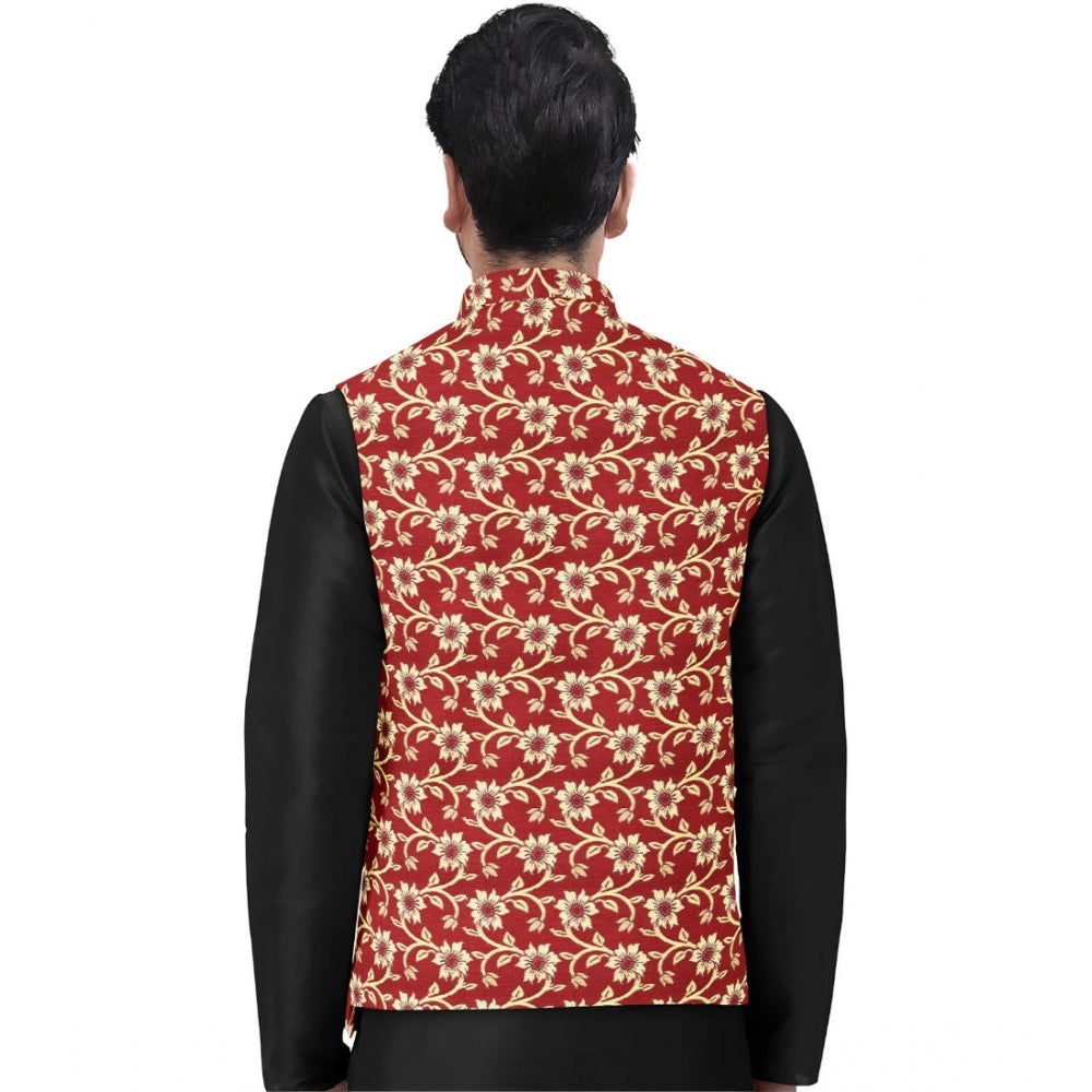 Amfyn Men's Jacquard Printed Full Sleeve Waistcoat (Red)