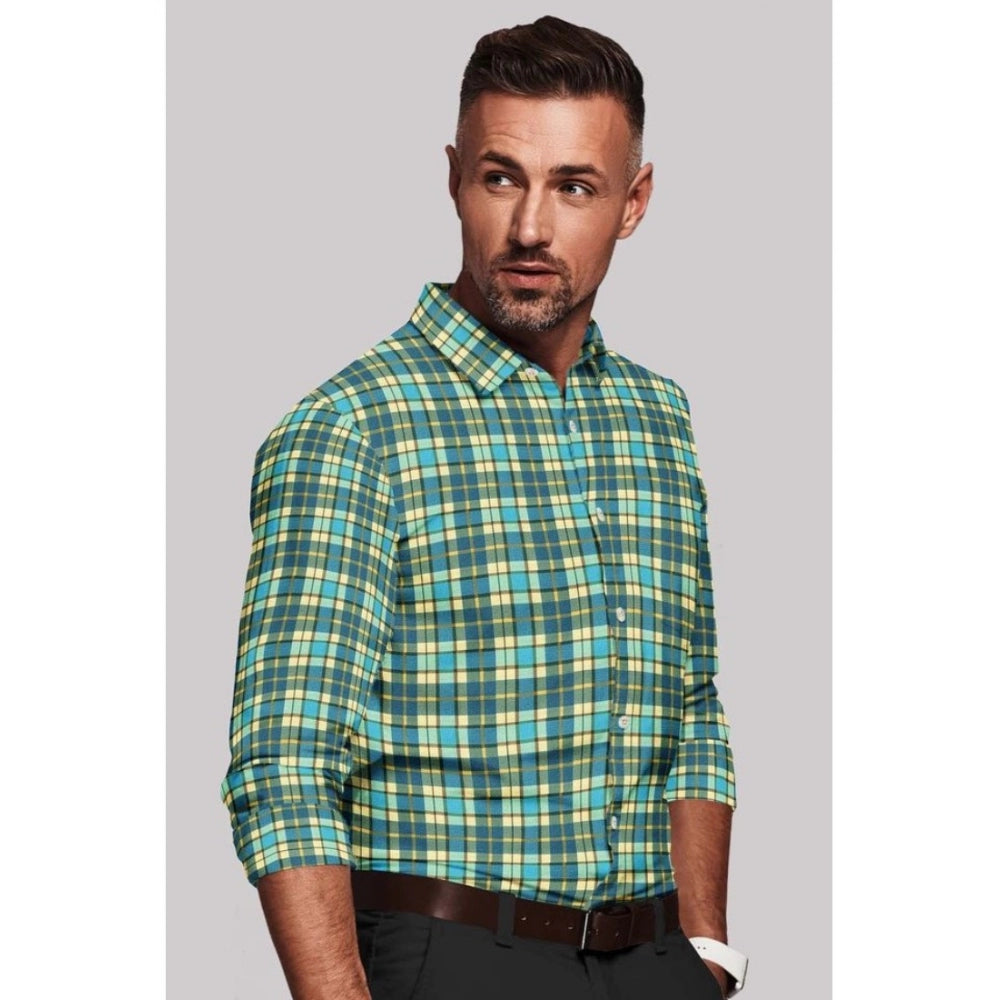 Amfyn Men's Cotton Blended Checked Full Sleeve Shirt (Green-Yellow)