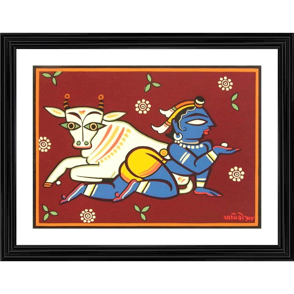 Amfyn Bal Krishna and Cow Painting With Wood Photo Frame (Multicolor)