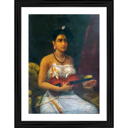 Amfyn A Lady Playing Voilin 1880 Painting With Wood Photo Frame (Multicolor)