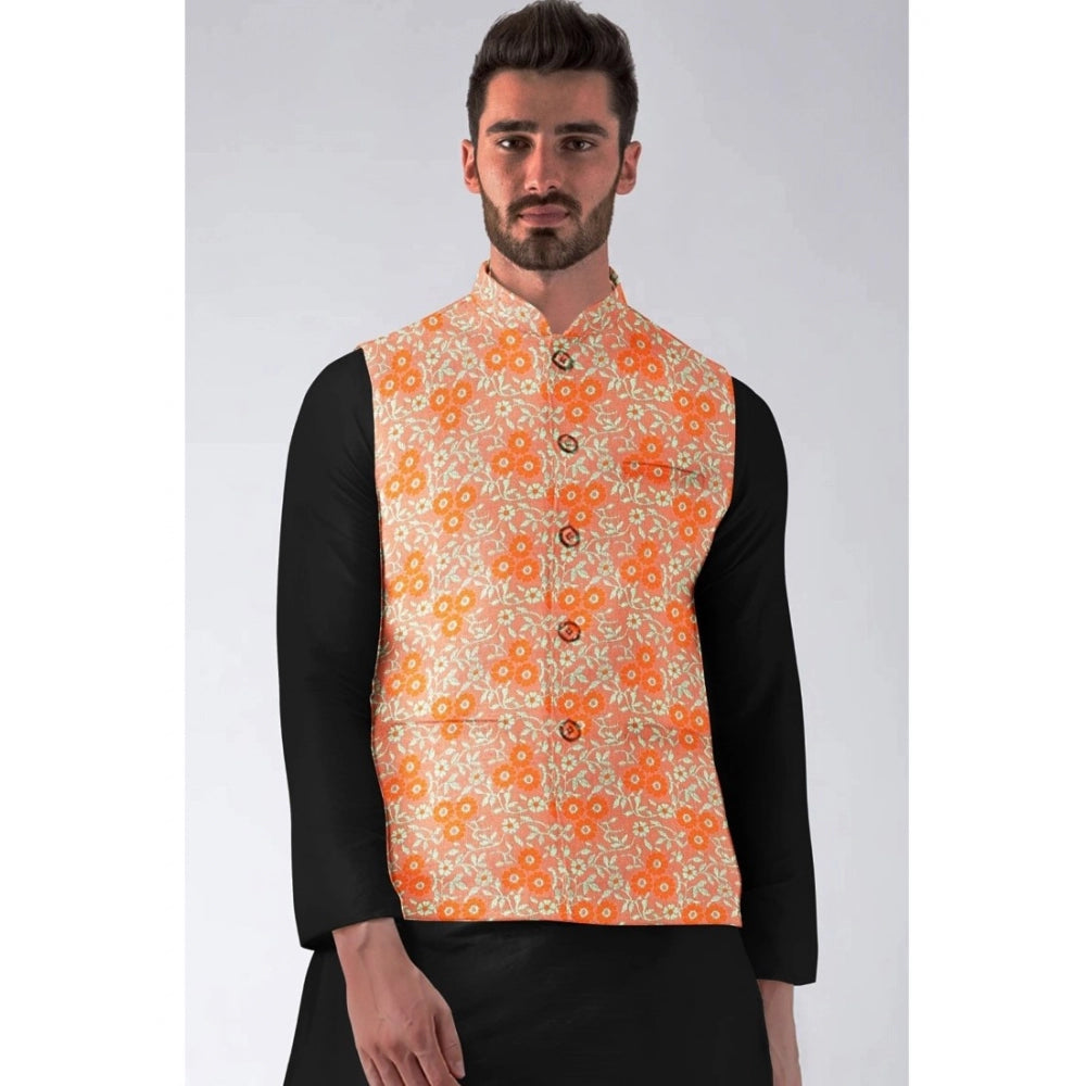 Amfyn Men's Jacquard Printed Full Sleeve Waistcoat (Orange)