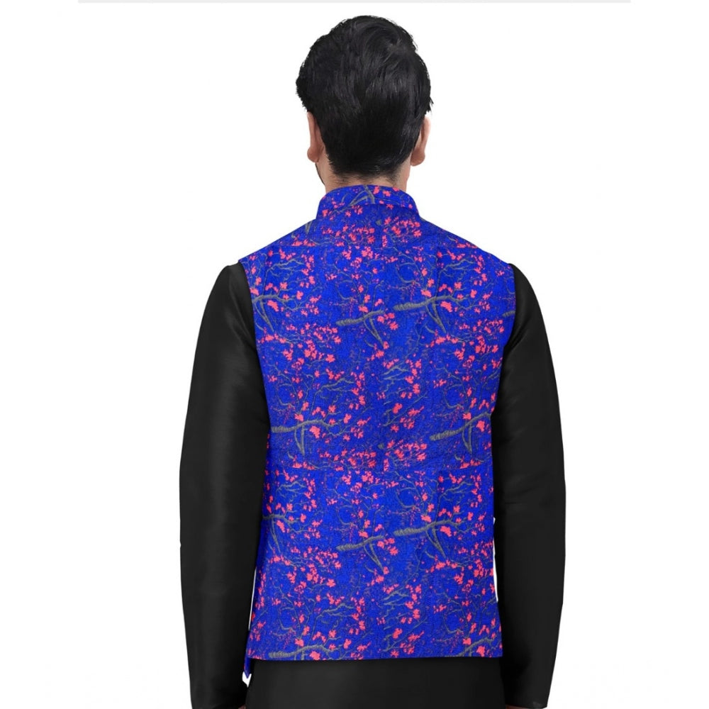 Amfyn Men's Jacquard Printed Full Sleeve Waistcoat (Blue)