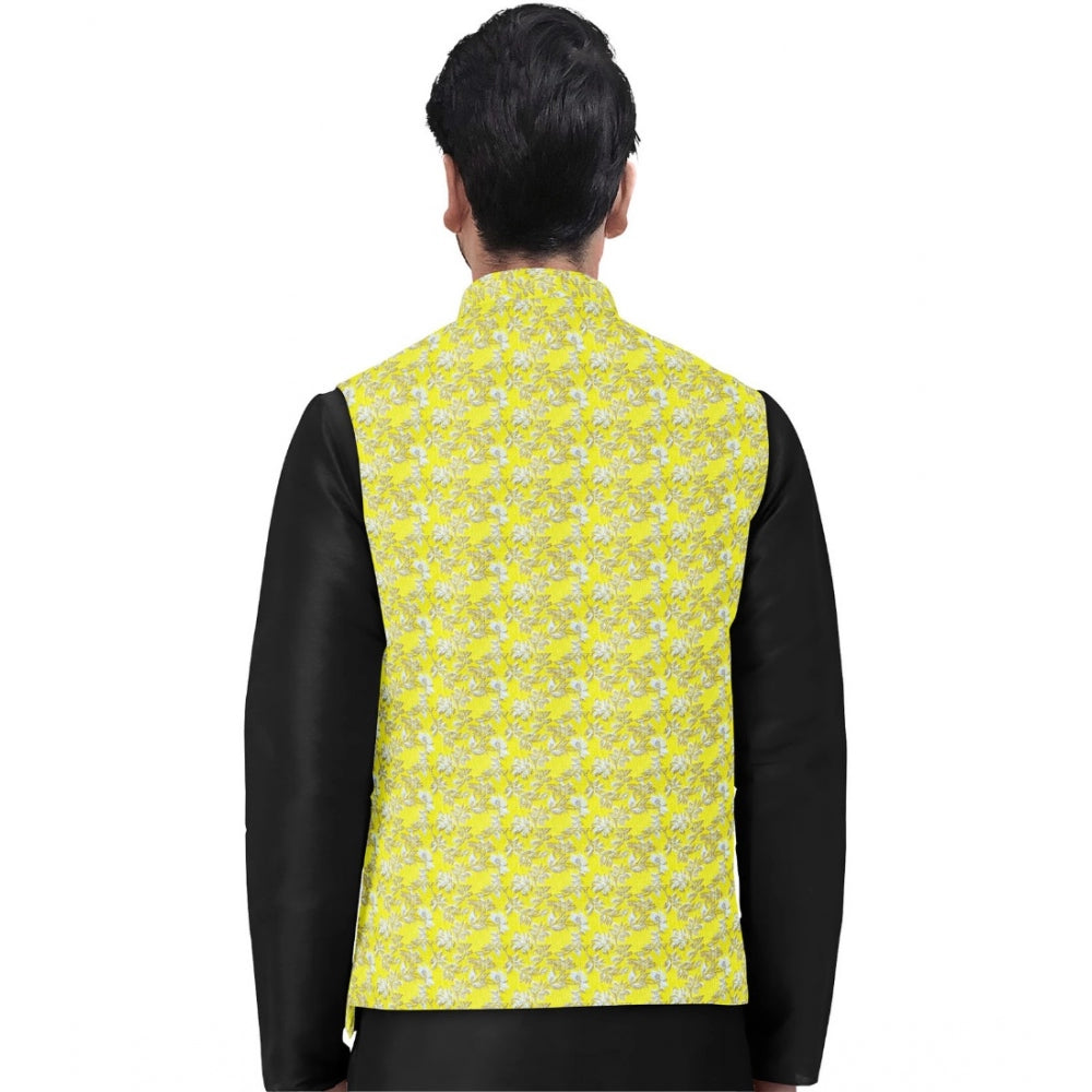 Amfyn Men's Jacquard Printed Full Sleeve Waistcoat (Yellow)